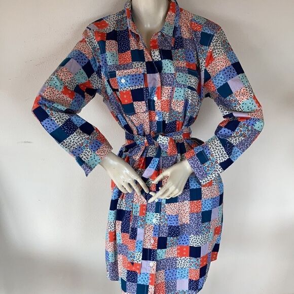 Land’s End Plus Size Dress patchwork long sleeve button down belted pockets LP - Picture 3 of 14